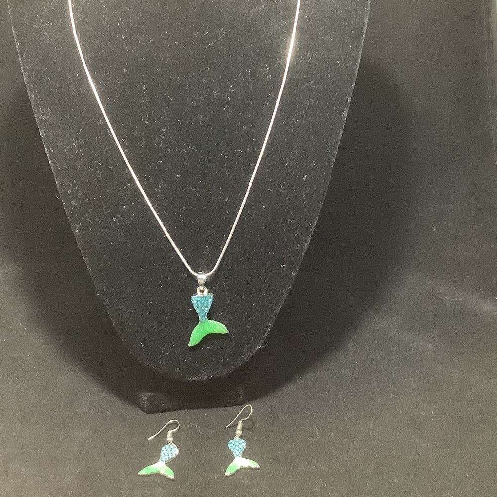 Silver Mermaid Tail Necklace and Earring Set